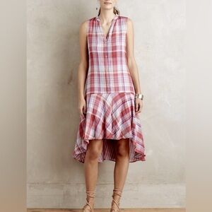 Anthropologie Maeve Dress Ruffle Hi Lo Pink Blue Plaid Cotton Gauzy Dress Size S